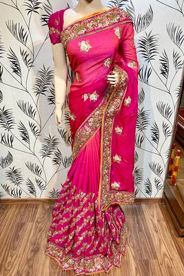 Rani Pink Embroidered Chiffon Saree With Blouse 1