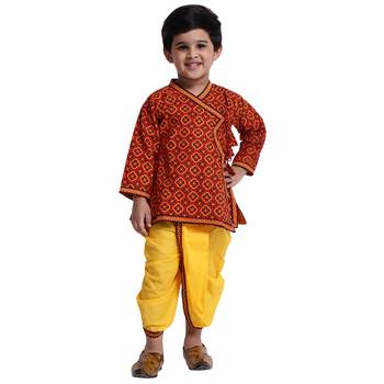 Red Printed Cotton Boys Dhoti Kurta 1