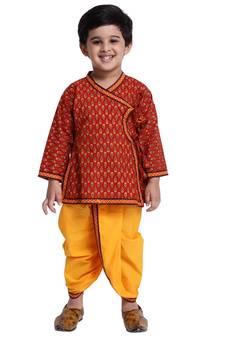 Maroon Printed Cotton Boys Dhoti Kurta