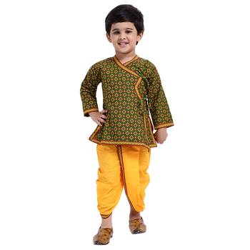 Green Printed Cotton Boys Dhoti Kurta 1