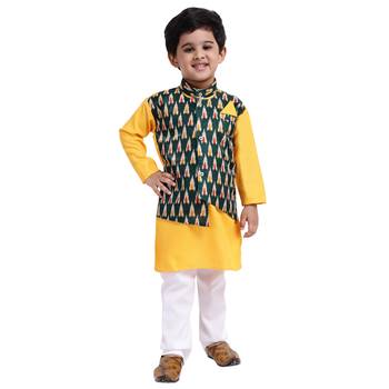 Yellow Plain Cotton Boys Kurta Pyjama 1