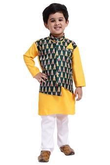 Yellow Plain Cotton Boys Kurta Pyjama