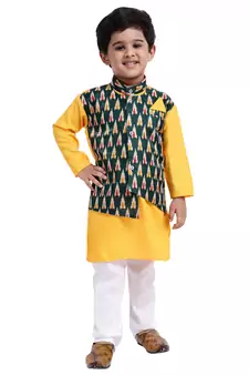 Yellow Plain Cotton Boys Kurta Pyjama