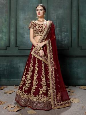 Maroon Embroidered Dupion Silk Semi Stitched Lehenga 1