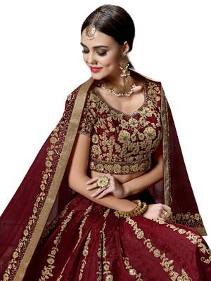 Maroon Embroidered Dupion Silk Semi Stitched Lehenga 2