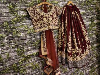 Maroon Embroidered Dupion Silk Semi Stitched Lehenga 4