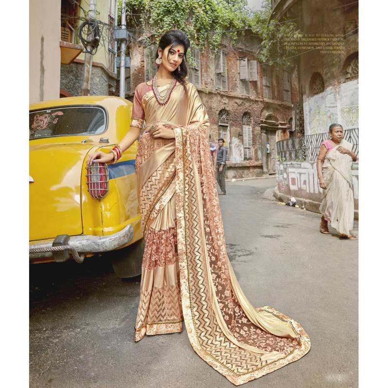 Golden Aura Embroidered Silk Saree with Fall & Pico Fully Stitched Blouse