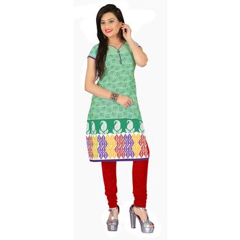 Women'S Green Printed Cotton Ethnic Kurti 1