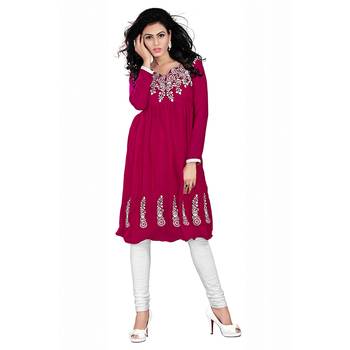 Women'S Red Embroidered Georgette Ethnic Kurti 1