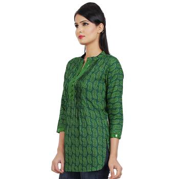 Women'S Green Printed Cotton Ethnic Kurti 3