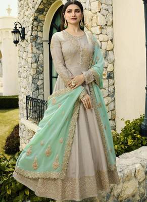 beige embroidered georgette semi stitched salwar with dupatta 1