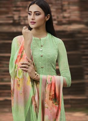 Green Embroidered Georgette Semi Stitched Salwar With Dupatta 3