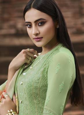 Green Embroidered Georgette Semi Stitched Salwar With Dupatta 4