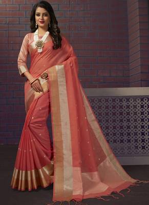 Peach Linen Slub Printed Saree 1