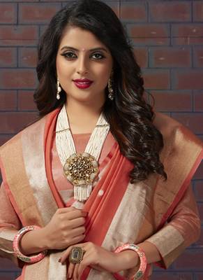 Peach Linen Slub Printed Saree 2