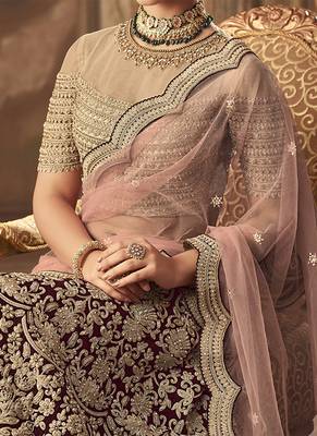 Maroon Falkn Velvet Bridal Lehenga 2