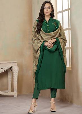 Green Embroidered Cotton Stitched Salwar With Dupatta 1