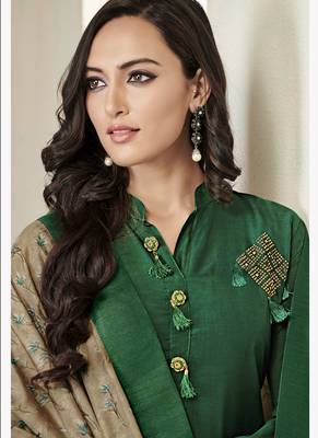 Green Embroidered Cotton Stitched Salwar With Dupatta 2