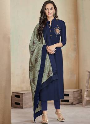 Blue Embroidered Cotton Stitched Salwar With Dupatta 1