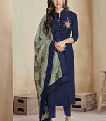 Blue Embroidered Cotton Stitched Salwar With Dupatta