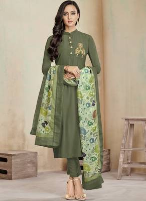 Olive Embroidered Cotton Stitched Salwar With Dupatta 1