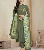 Olive Embroidered Cotton Stitched Salwar With Dupatta