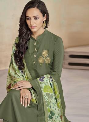 Olive Embroidered Cotton Stitched Salwar With Dupatta 2