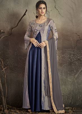 grey embroidered silk blend stitched salwar with dupatta 1
