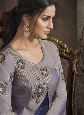 grey embroidered silk blend stitched salwar with dupatta 4