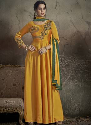 yellow embroidered silk blend stitched salwar with dupatta 1