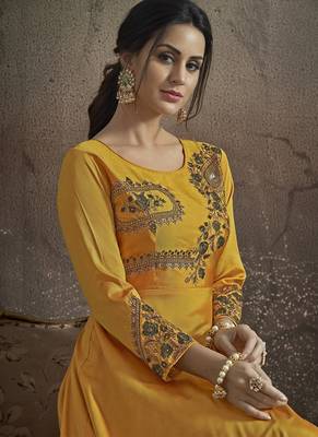yellow embroidered silk blend stitched salwar with dupatta 2