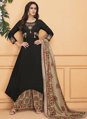 Black Embroidered Silk Blend Stitched Salwar With Dupatta 1