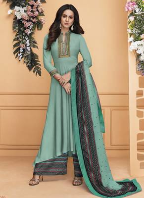 turquoise embroidered silk blend stitched salwar with dupatta 1