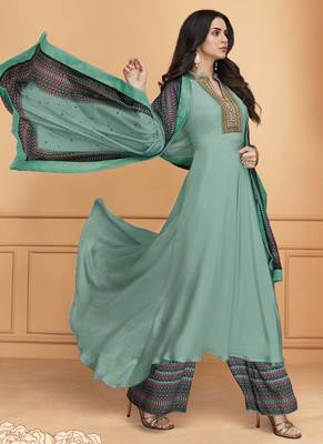 turquoise embroidered silk blend stitched salwar with dupatta 2
