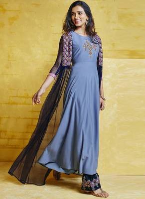 Violet Embroidered Silk Blend Stitched Salwar With Dupatta 3