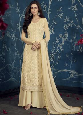 Cream Embroidered Georgette Stitched Salwar With Dupatta 1
