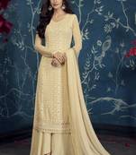 Cream Embroidered Georgette Stitched Salwar With Dupatta