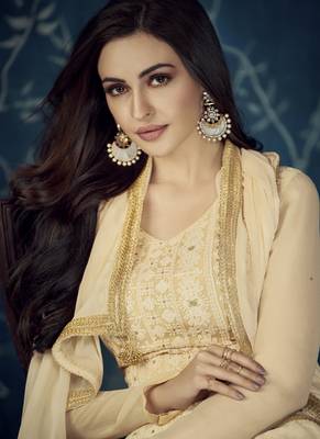 Cream Embroidered Georgette Stitched Salwar With Dupatta 2