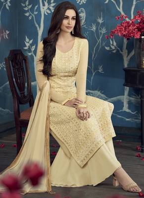 Cream Embroidered Georgette Stitched Salwar With Dupatta 3