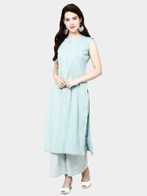 Light Blue Plain Cotton Designer Plaza-Kurtis 1