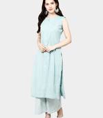Light Blue Plain Cotton Designer Plaza-Kurtis