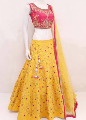 Yellow embroidered satin semi stitched lehenga 1