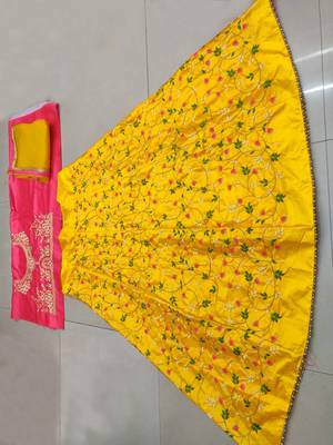 Yellow embroidered satin semi stitched lehenga 2