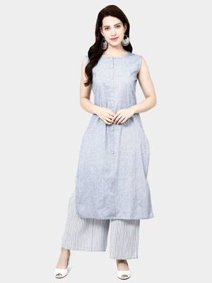 Grey Plain Cotton Designer Plaza-Kurtis 1