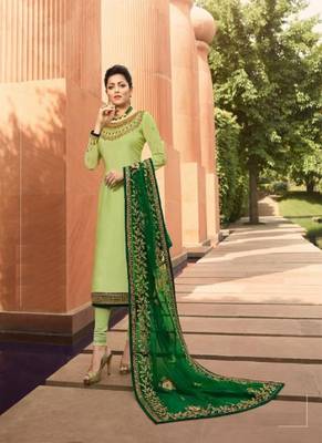 Parrot-green multi head work satin salwar 1