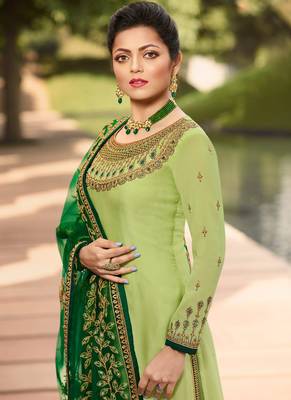 Parrot-green multi head work satin salwar 2