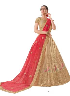 Beige Fancy
 Silk Unstitched Lehenga 1