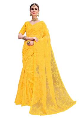Yellow embroidered organza saree with blouse 1