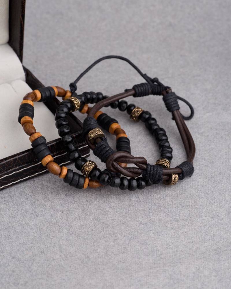 Black Wood Beads Bracelet For Men Set Of 3