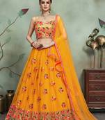 Mustard Thread Embroidery Net Unstitched Lehenga
